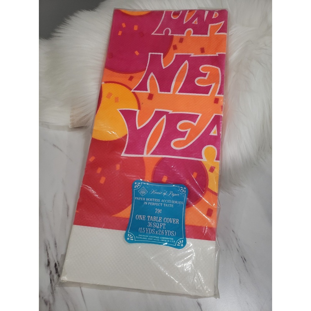 NEW 70s Mod Crepe PAPER Tablecover HAPPY NEW YEAR pink orange retro party decor‎